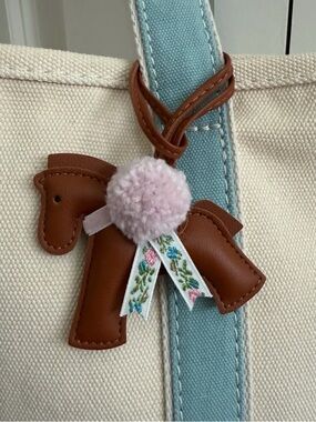 Brown Faux Leather Horse Bag Charm Keychain with Pink Pom & Floral ribbons